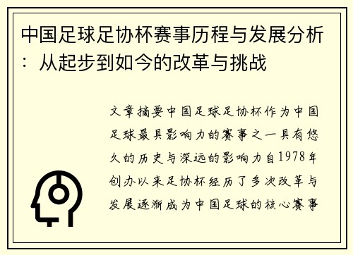 中国足球足协杯赛事历程与发展分析：从起步到如今的改革与挑战