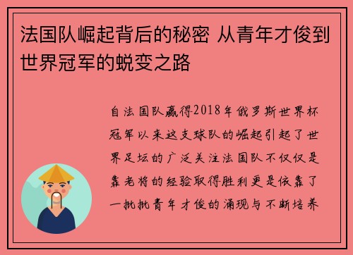法国队崛起背后的秘密 从青年才俊到世界冠军的蜕变之路